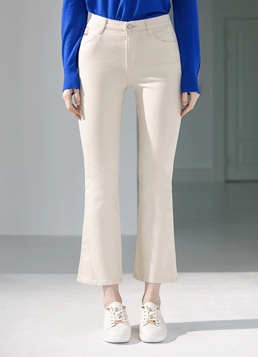 [The Onme] Mid Rise Elastic Waist Embroidered Detail Boot-Cut Pants