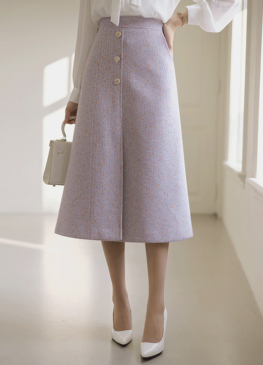 [LouisAngel] Front Long Slit Button Detail A-Line Tweed Skirt