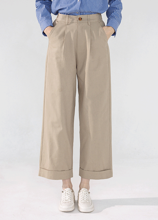 [The Onme] High Rise Elastic Back Waist Turn-up Wide Cotton Pants