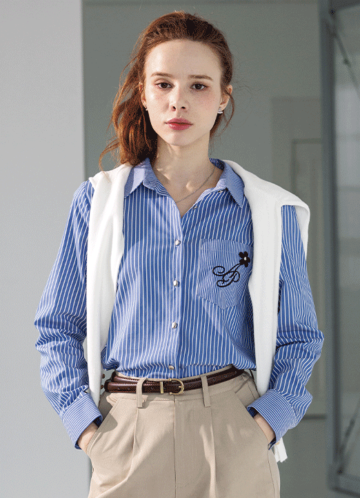 [The Onme] Embroidered Flower Pocket Stripe Shirt