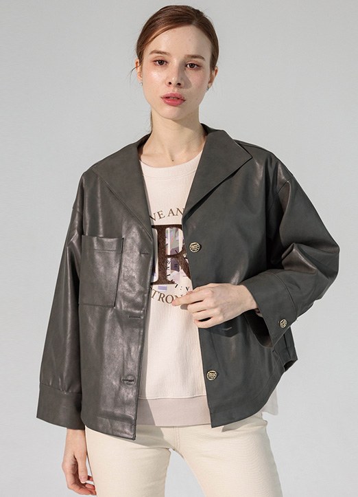 [The Onme] Shirt Tail Big Pocket Collared Faux Leather Jacket