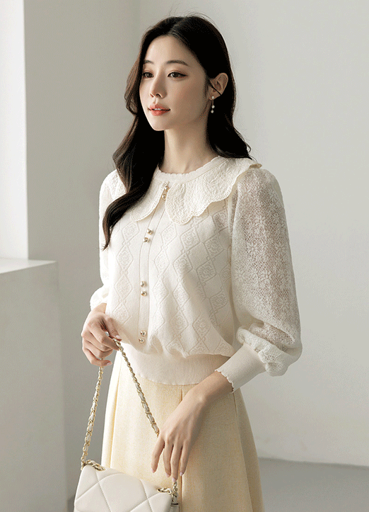 Feminine Lace Sleeve Collared Knit Top