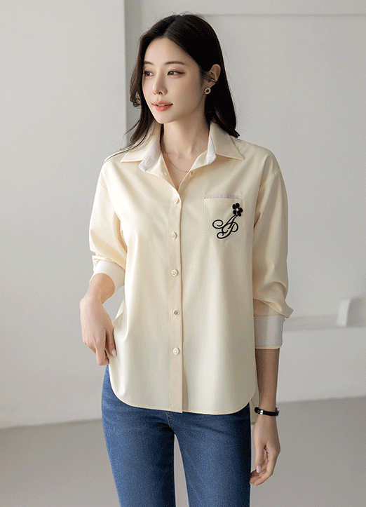 [LouisAngel] Stripe Detail Embroidered Flower Pocket Shirt