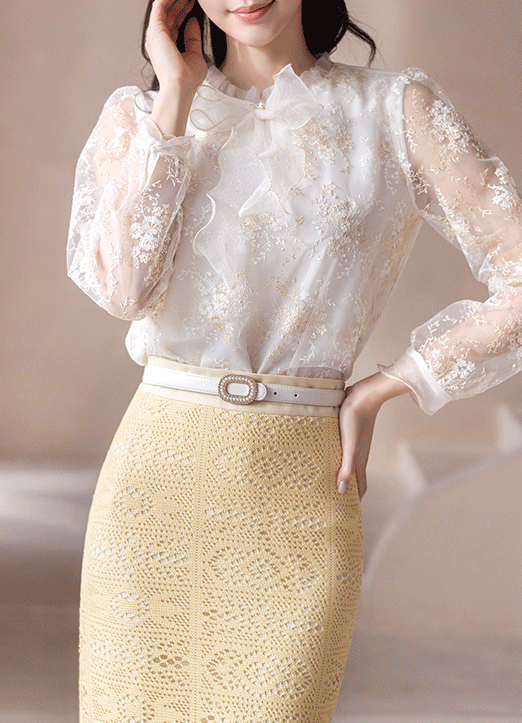 Bow Neck Embroidered Flower See-Thru Lace Blouse