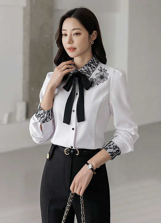 [LouisAngel] Black Lace Layered Collar Flower Print Shirt w/ Tie