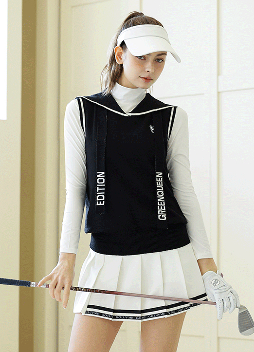 [QoG] Contrast Trim Lettering Sailor Collared Sleeveless Knit Top
