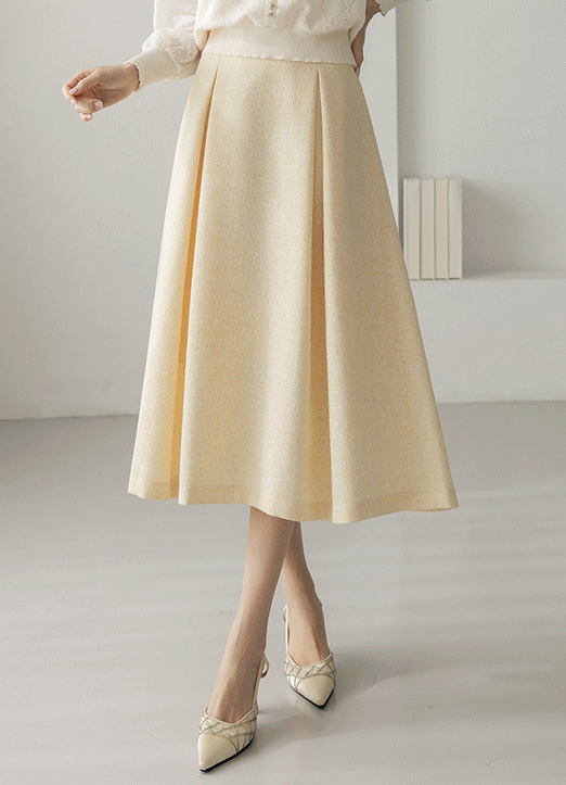 [LouisAngel] Linen-Like Pintuck Pleats Flare Skirt