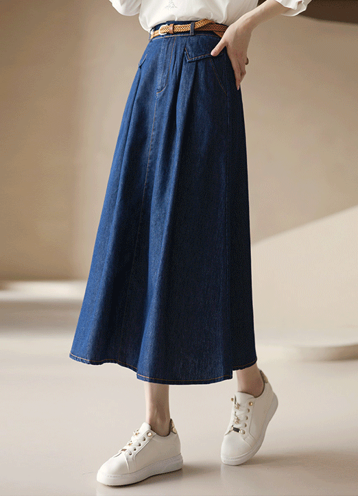 Elastic Back Waist Pocket Flare Denim Skirt w/ Weave Belt