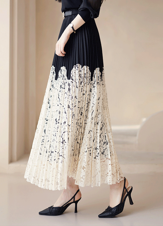 Elastic Waist Floral Lace Panel Pleated Skirt