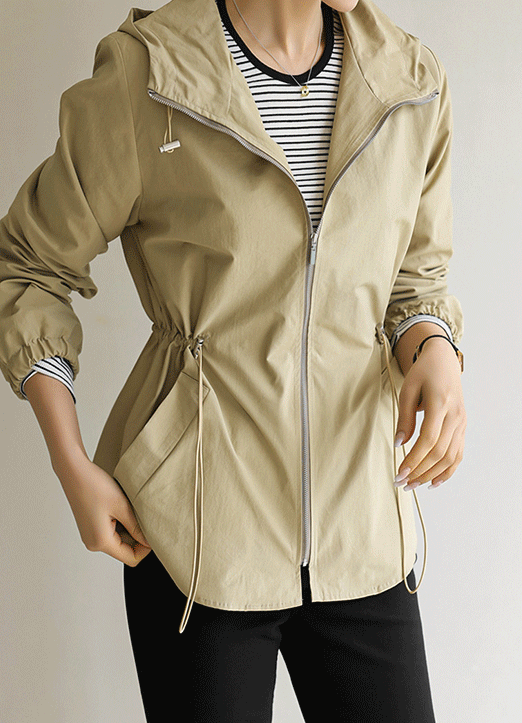 Drawstring Waist Shirt Tail Hooded Zip-Up Jacket