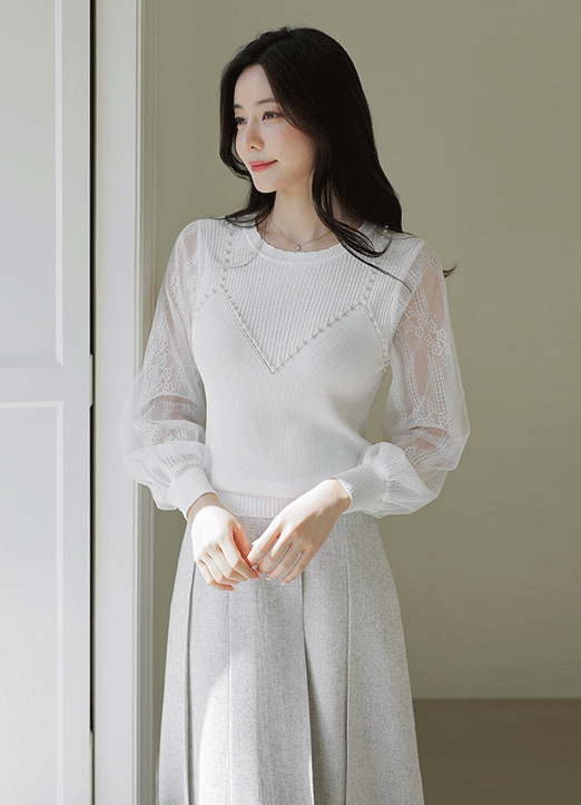 Sheer Lace Sleeve Pearl Embellished Knit Top