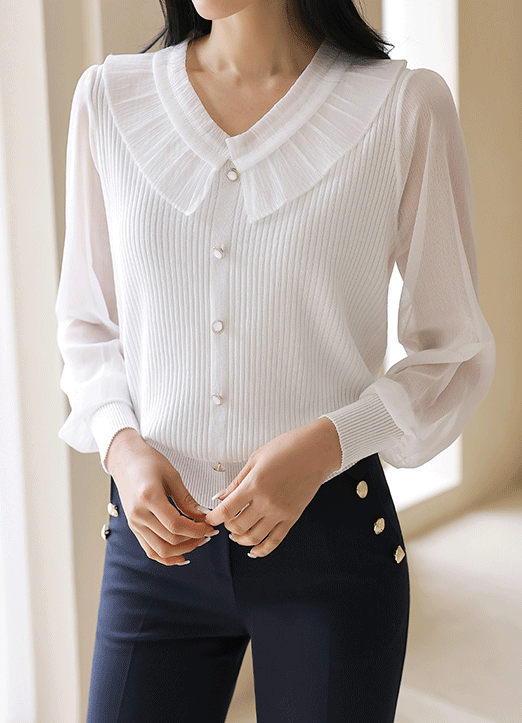 Crinkled Chiffon Sleeve & Collar Ribbed Knit Top