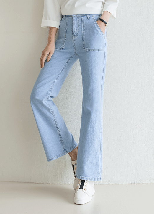 [The Onme] Elastic Waist Rectangular Patch Pocket Front Boot-Cut Jeans 