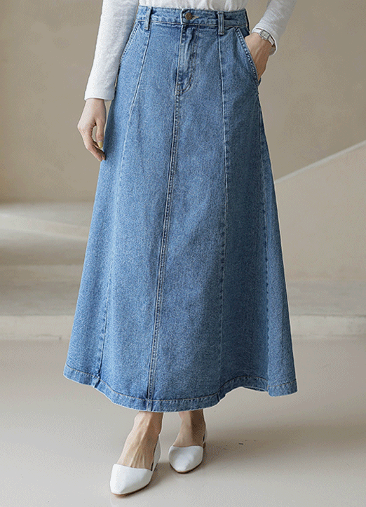 [The Onme] Paneled A-Line Long Denim Skirt