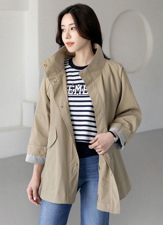 Stand-Collar Snap-Button Trench Jacket