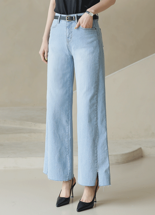 [The Onme] Elastic Waist Side Panel Slit Wide Jeans