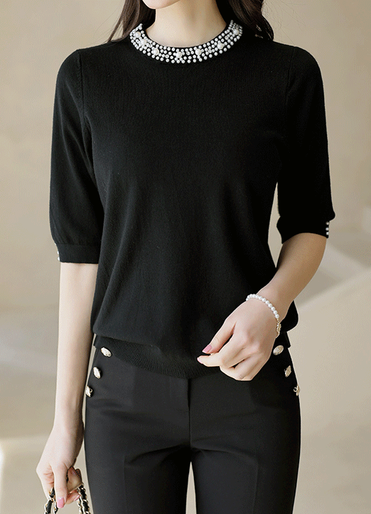 Pearl Embellished Round Neck Half Sleeve Knit Top