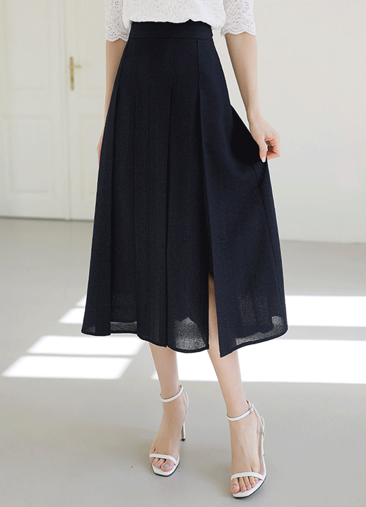 [LouisAngel] Front Side Long Slit Pintuck Pleats Skirt