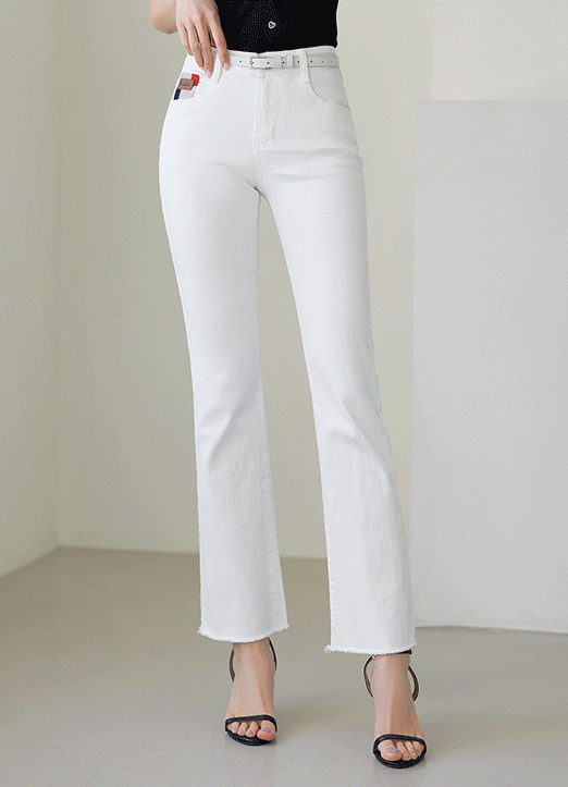 (4 Colors) Mid Rise Elastic Waist Embroidery Detail Boot-Cut Pants