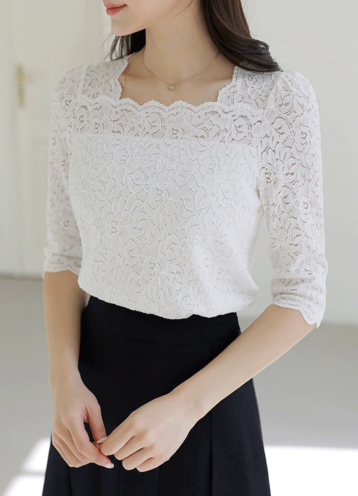[LouisAngel] Square Neck Half Sleeve Floral Lace Top