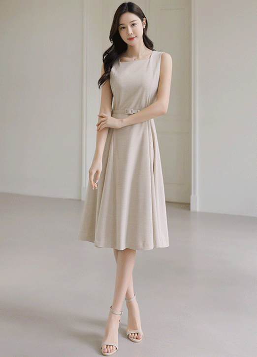 [LouisAngel] Linen-Like Square Neck Sleeveless Flare Dress