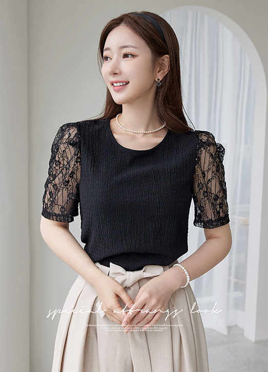 [Louis Angel] Sequin Lace Sleeve Round Neck Top