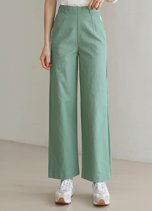 (4 Colors) Elastic Back Waist Embroidered Lettering Wide Cotton Pants
