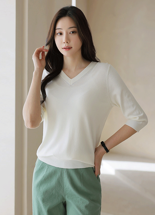 (9 Colors) Daily V-Neck 3/4 Sleeve Knit Top