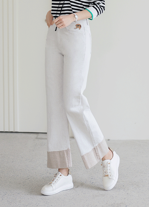 [The Onme] Elastic Waist Turn-Up Cuff Straight Cotton Pants