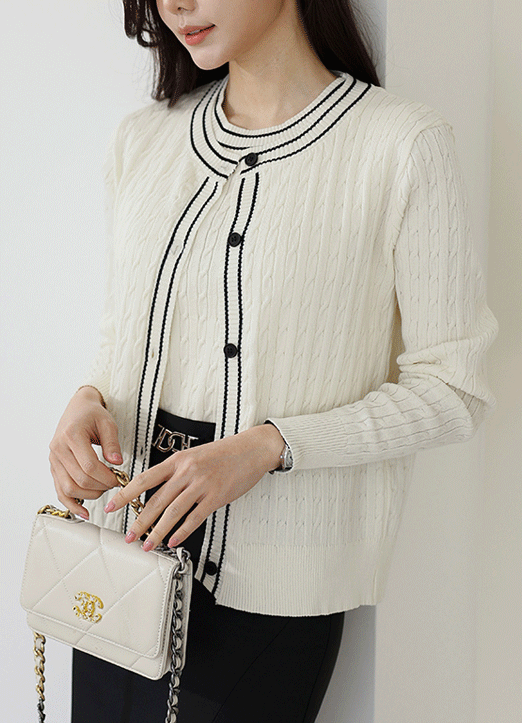 [The Onme] Contrast Trim Sleeveless Cable Knit Top & Cardigan SET