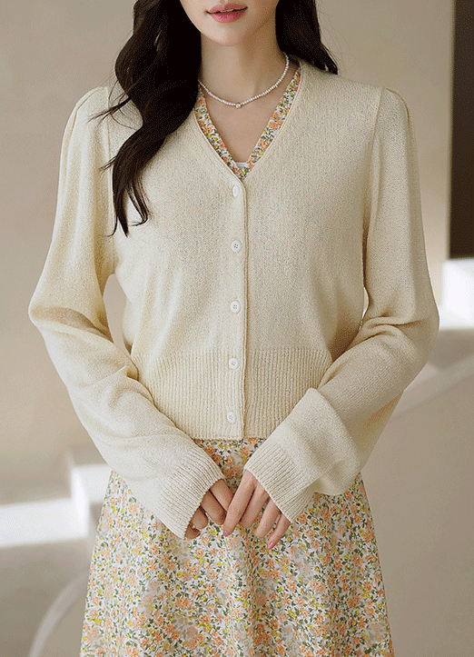 (4 Colors) Soft Color V-Neck Puff Sleeve Knit Cardigan