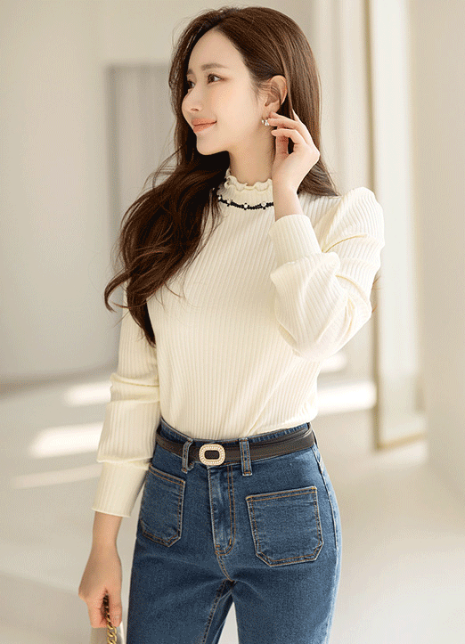[Louis Angel] Double Layered Curly Mock Neck Ribbed Top