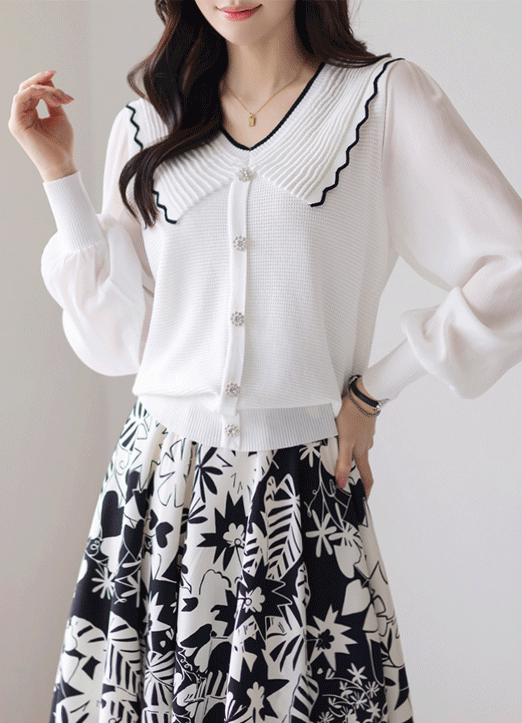 Ribbed Wide Collar Chiffon Sleeve Jewel Button Detail Knit Top