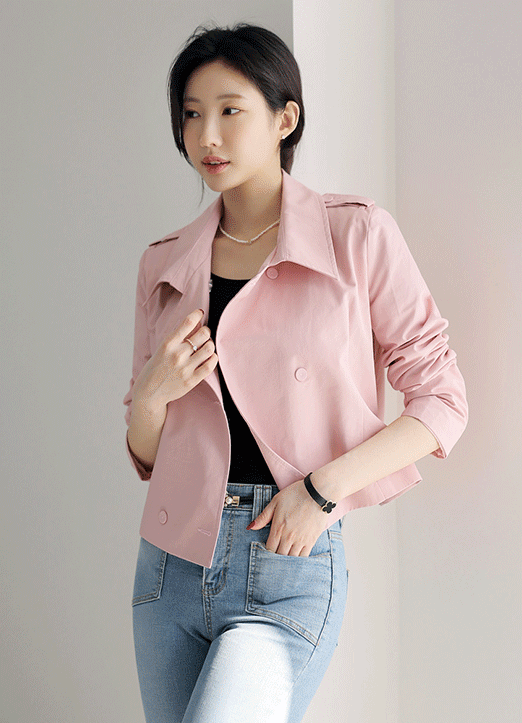 Spring-Color Double Breasted Cropped Trench Jacket 