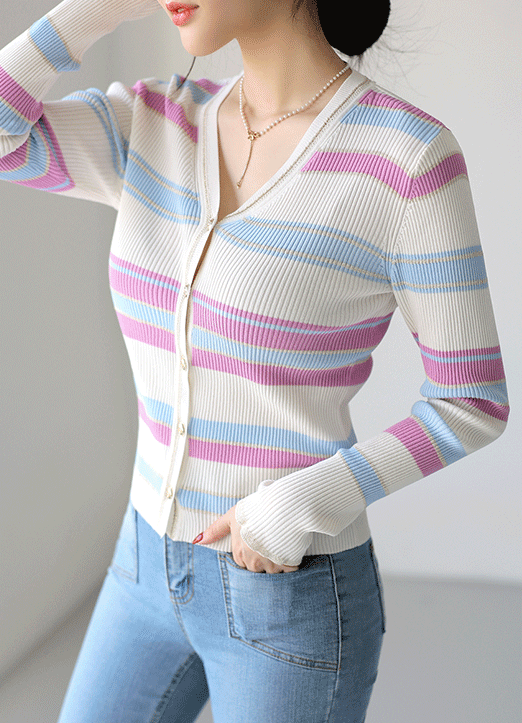 Multi-Color Stripe Slim Ribbed Knit Cardigan