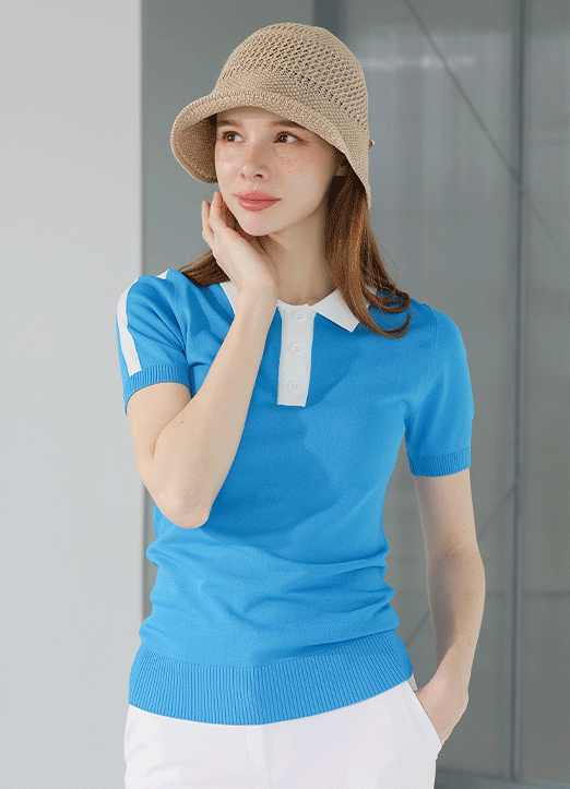 [QoG] Contrast Collared Short Sleeve Knit Top