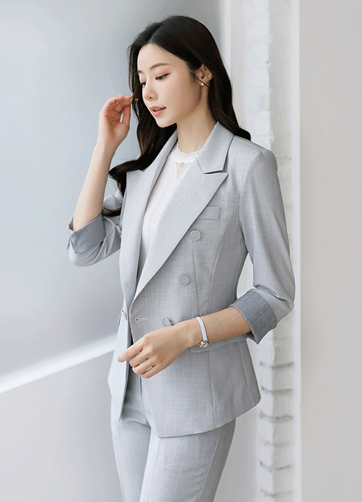 Double Breasted Linen-Like 3/4 Roll-Up Sleeve Tailored Jacket