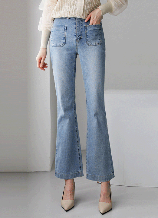 Semi High Elastic Waist Front Patch Pocket Boot-cut Jeans