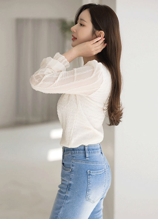 [Louis Angel] Sheer Lace Sleeve V-Neck Textured Top