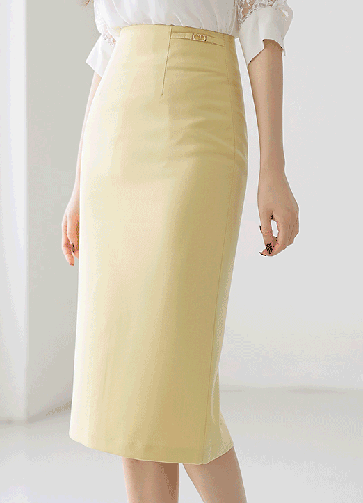 Petite Gold Buckle Back Slit H-Line Midi Skirt
