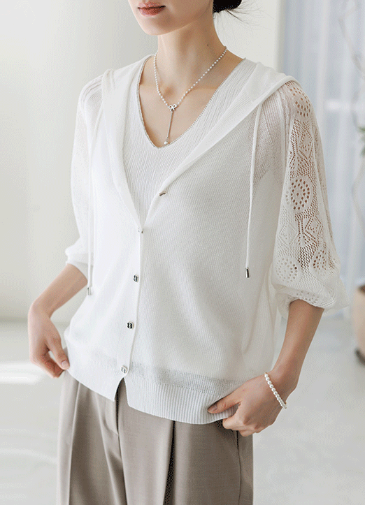 [The Onme] (5 Colors) Hooded Openwork-Sleeve Relaxed Knit Cardigan