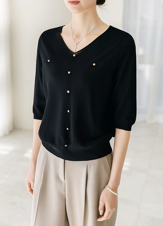 [The Onme] (4 Colors) Gold Button V-Neck 3/4 Sleeve Textured Knit Top
