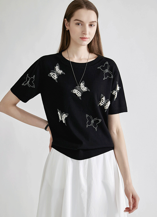 [The Onme] Embellished Butterfly Short Sleeve Knit Top