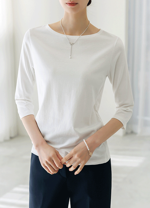 [The Onme] [1+1] (5 Colors) Boat-Neck 3/4 Sleeve Soft Stretch T-Shirt 