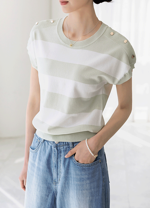 [The Onme] Button Shoulder Dolman Short Sleeve Striped Knit Top