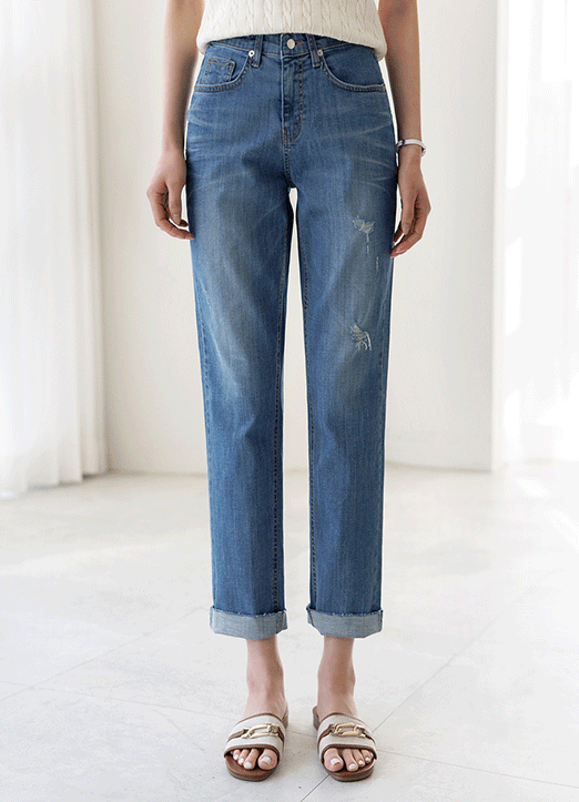 [The Onme] Mid Rise Elastic Waist Scraped Tapered Jeans