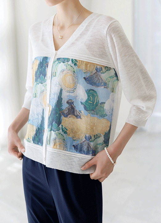 [The Onme] Mixed Media Painterly Print Block 3/4 Sleeve Knit Cardigan