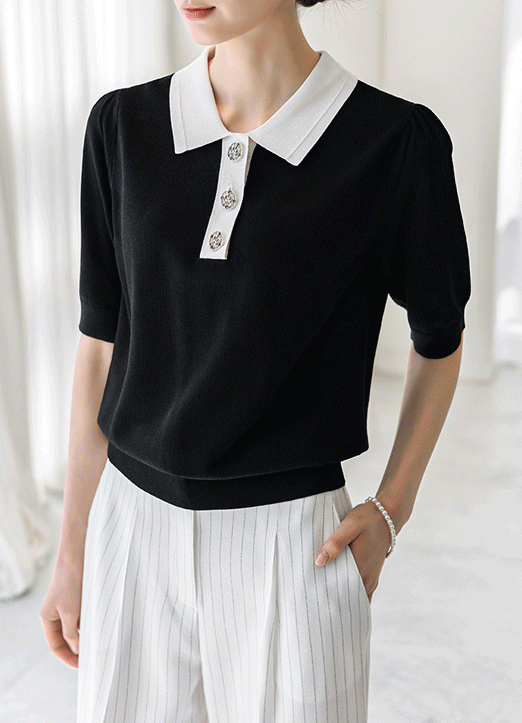 [The Onme] Contrast Collared Jewel Button Knit Top