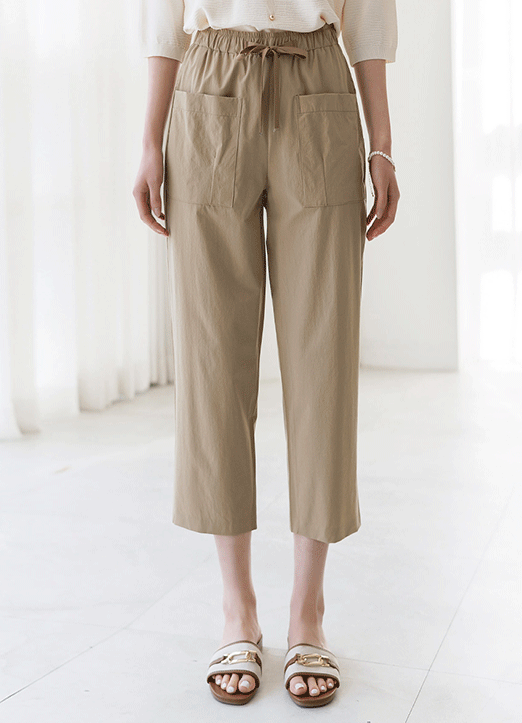 [The Onme] Drawstring Elastic Waist Patch Pocket Tapered Pants