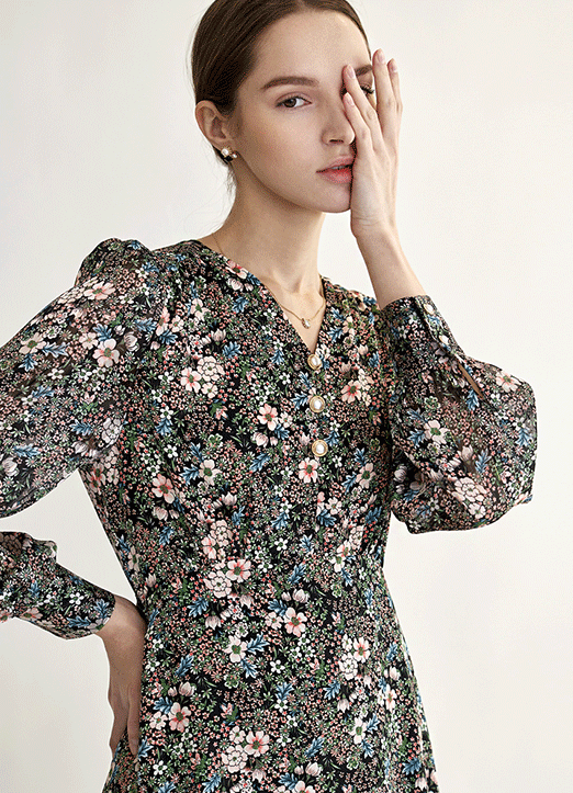 [The Onme] Chiffon Sleeve Self-Belted Spring Floral Dress